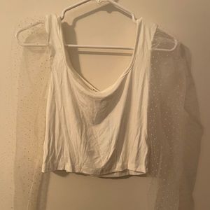 White crop top with sheer polka dot sleeves